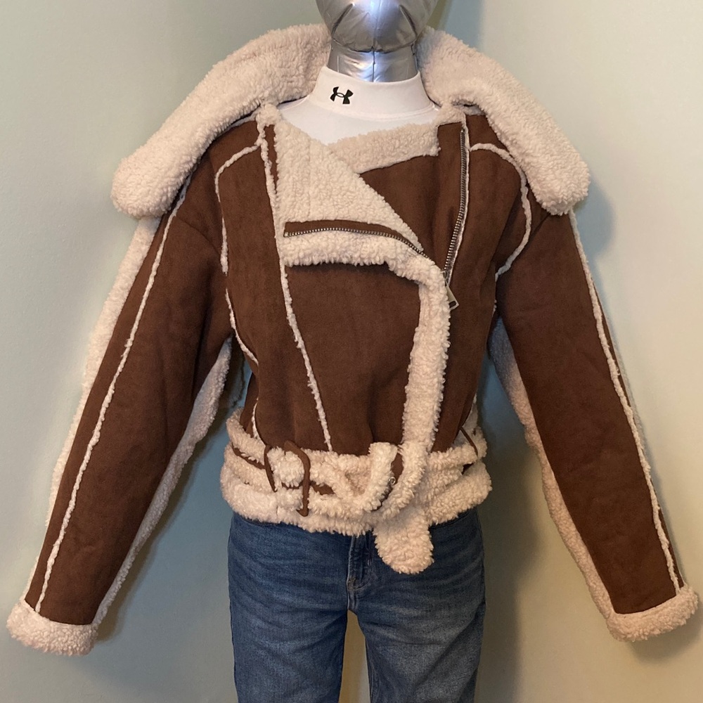 Brown Faux Shearling Biker Jacket with Cream Trim